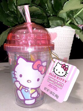 NEW! Sanrio HELLO KITTY Candy Stripe STRAW TUMBLER + Fruit Sticks Girl Gift Pink